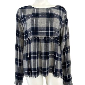 Cloth &‎ Stone blue gray plaid long sleeve fringe flannel top large.